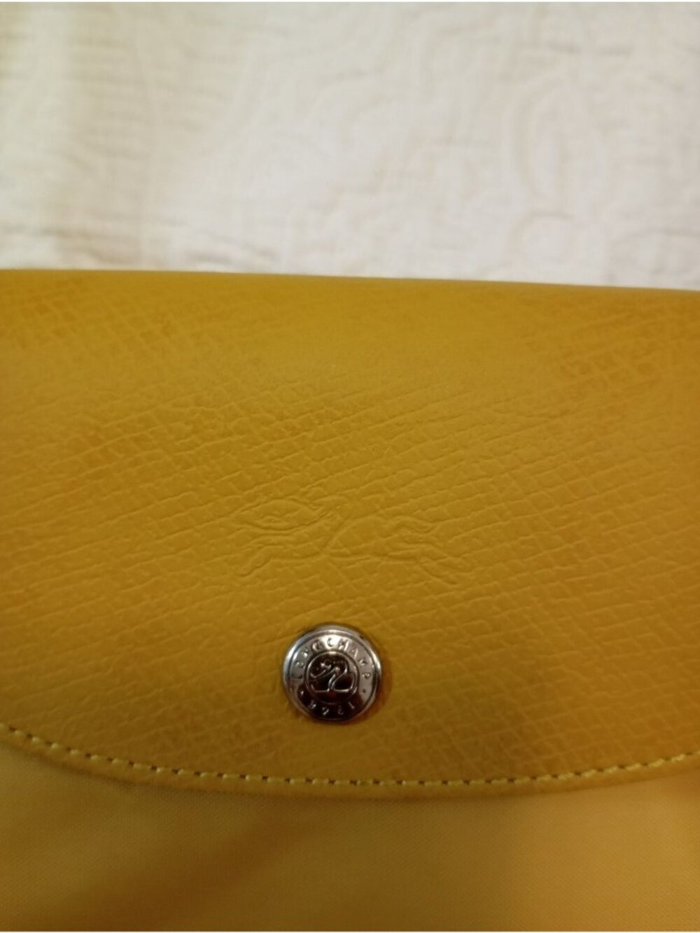 Longchamp Le Pliage Large Yellow Nylon Tote With Leather Handles & Snap Closure - Picture 13 of 14